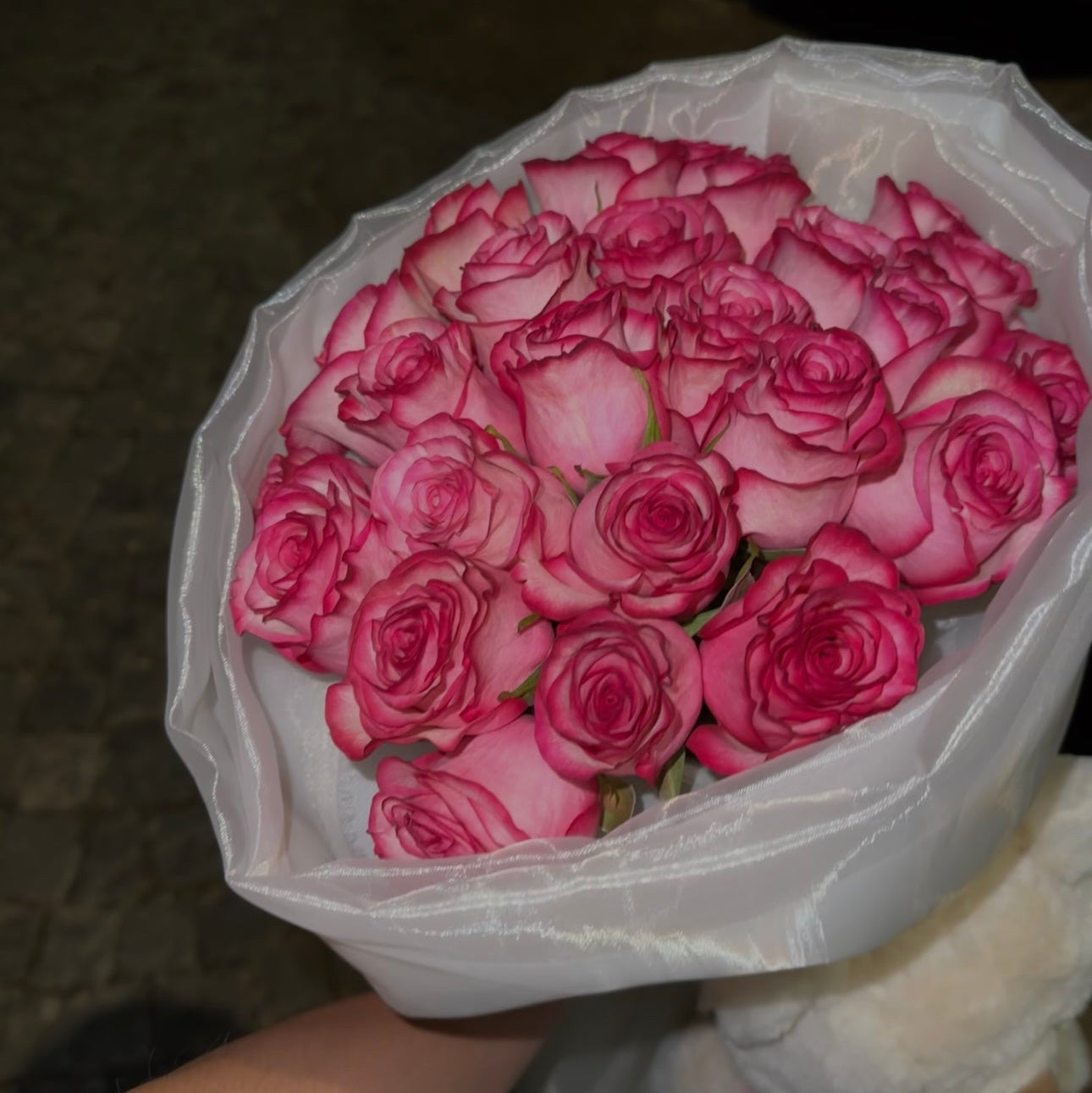Bouquet of pink and red roses held by a person with a dark background