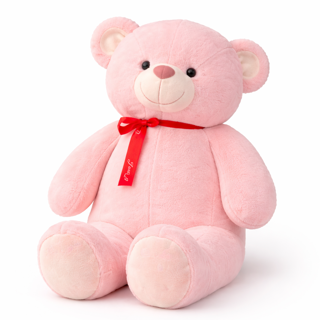 Pink teddy bear with a red bow on a white background