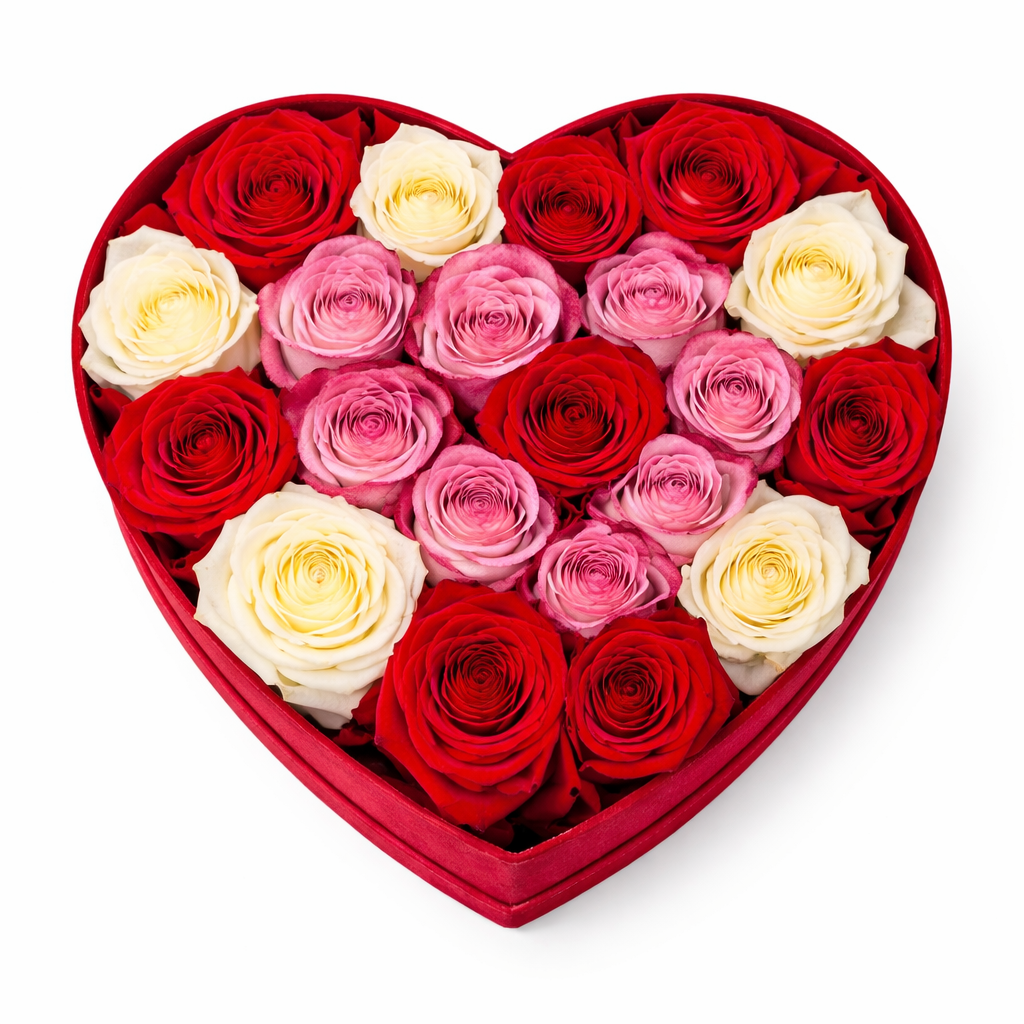 Heart-shaped box filled with red, pink, and white roses on a white background