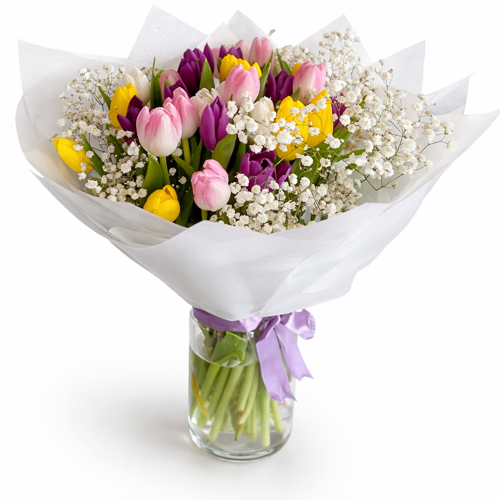 Bouquet of multicolored tulips in a clear vase on a white background