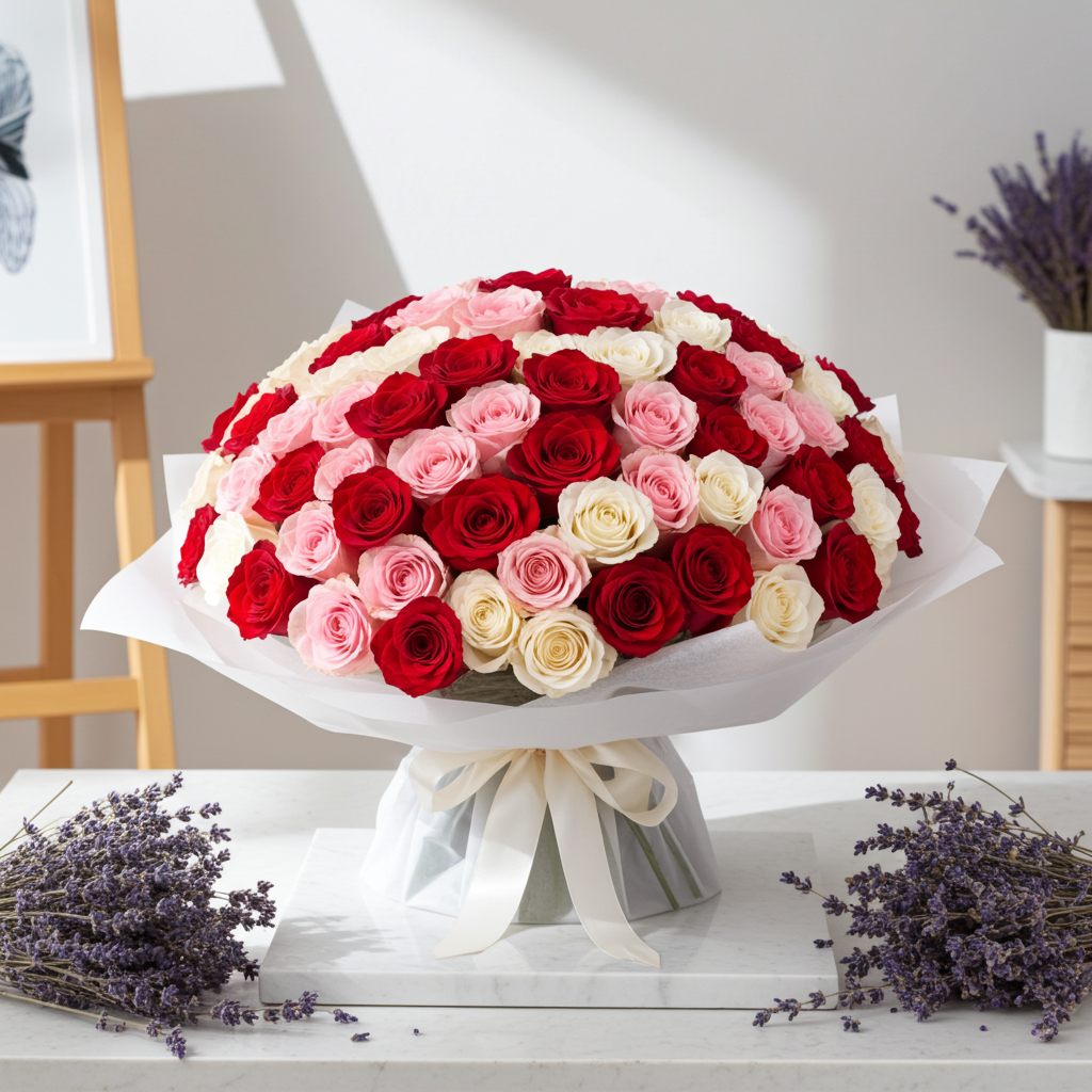 Bouquet of red, pink, and white roses on a marble surface with lavender flowers.