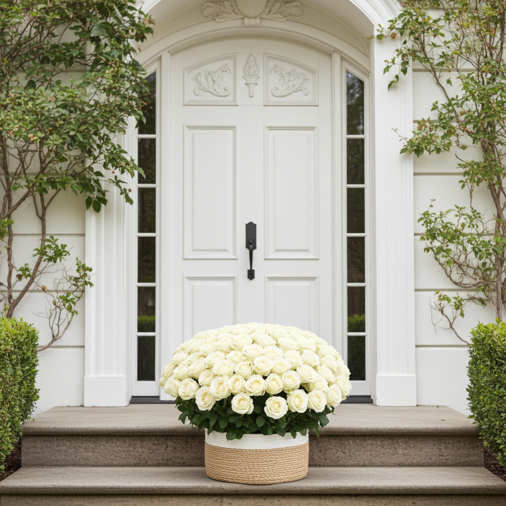 White flower arrangement in a woven basket on a stone step in front of a white door.