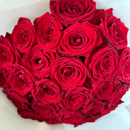 Heart-shaped arrangement of red roses on a white background