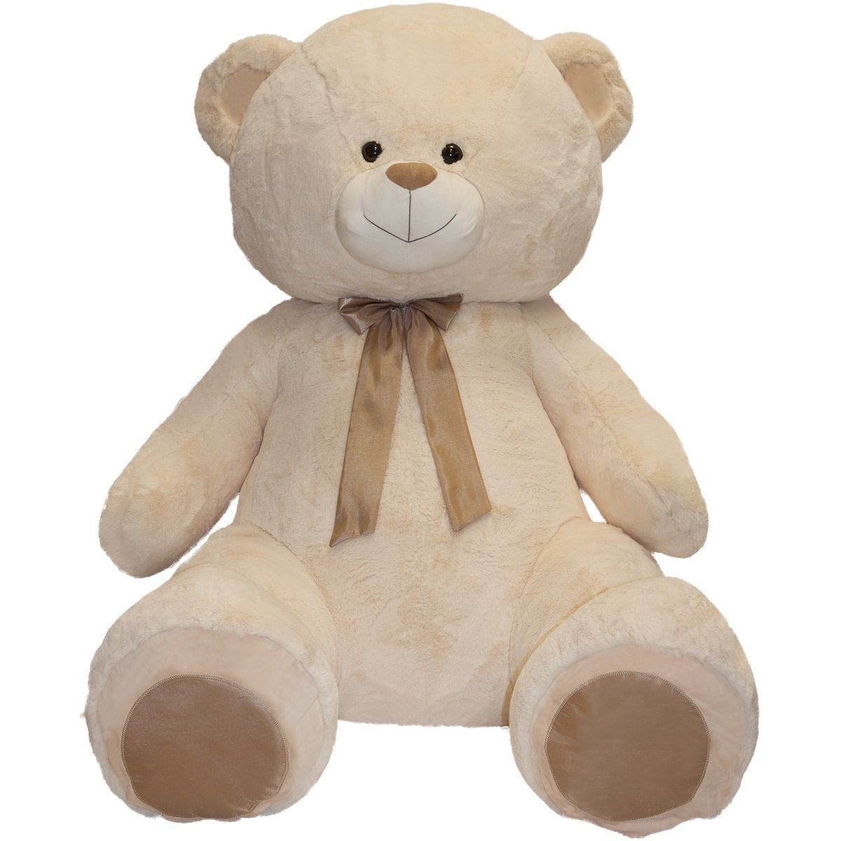 Beige teddy bear with a brown bow on a white background