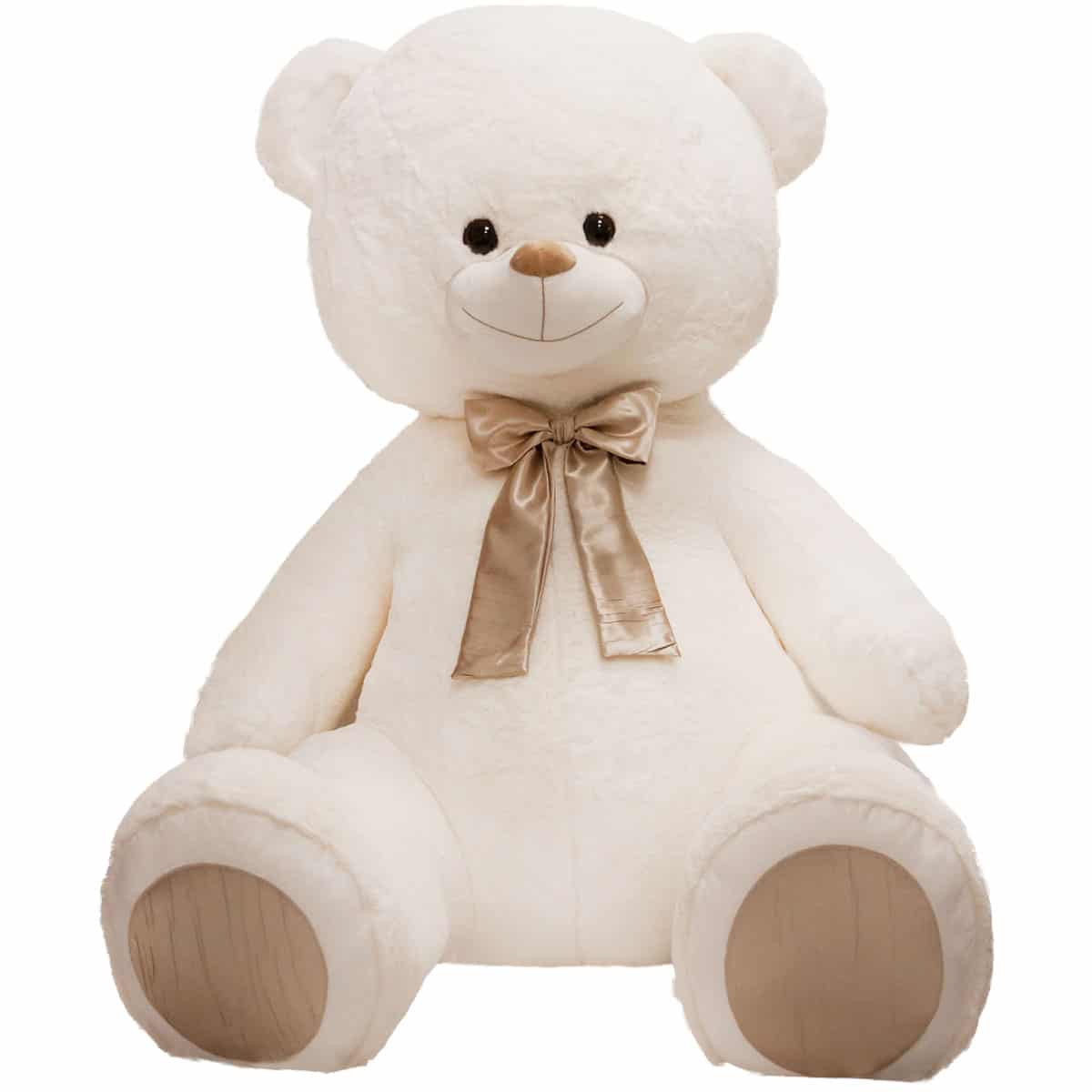 White teddy bear with a brown bow on a white background