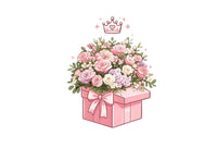 Pink gift box with flowers and a crown on a black checkered background