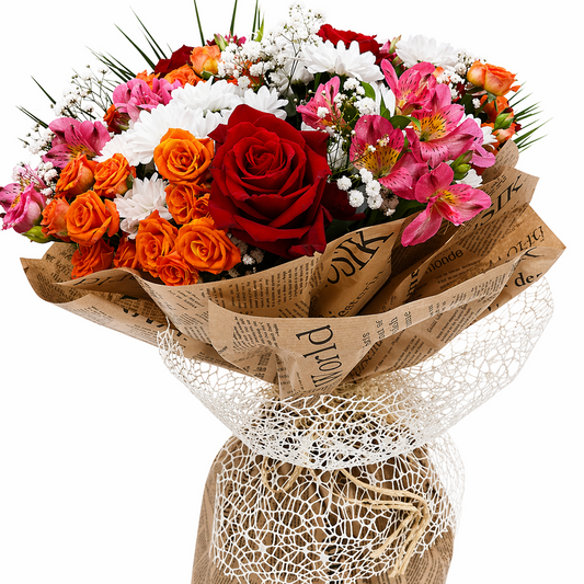Bouquet of flowers wrapped in brown paper with a decorative base on a white background