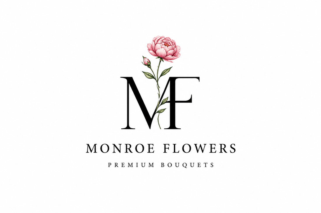 Monroe Flowers logo with a pink flower and initials MF on a white background