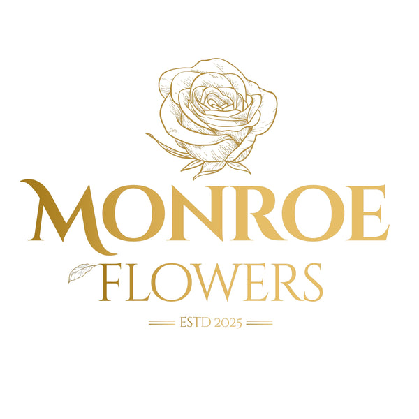 Logo of Monroe Flowers with a gold rose on a white background