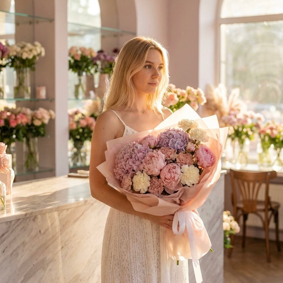 Woman holding a bouquet of flowers in a floral shop.