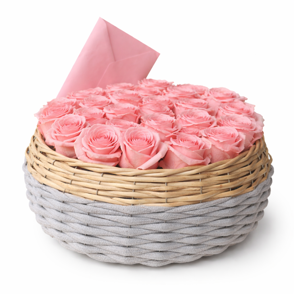 Basket of pink roses with a gray base on a white background