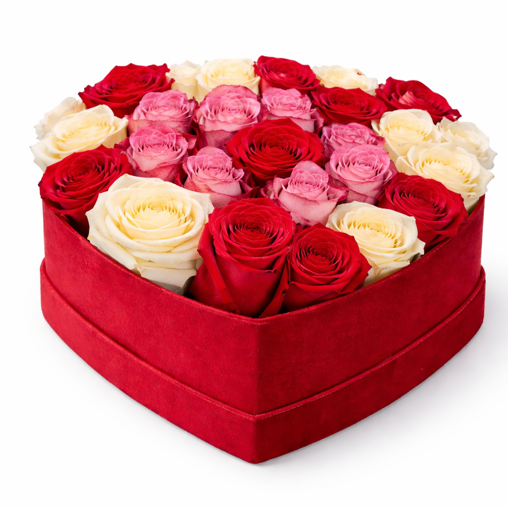 Heart-shaped box filled with red, pink, and white roses on a white background